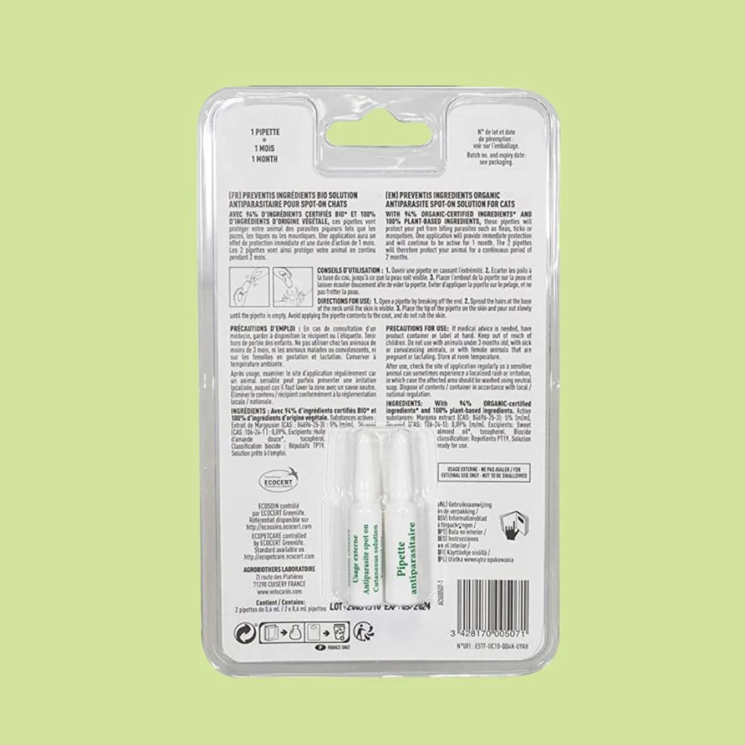 Pipettes Répulsives Anti-Puces et Anti-Tiques Ingrédients BIO pour Chat X2 PREVENTIS